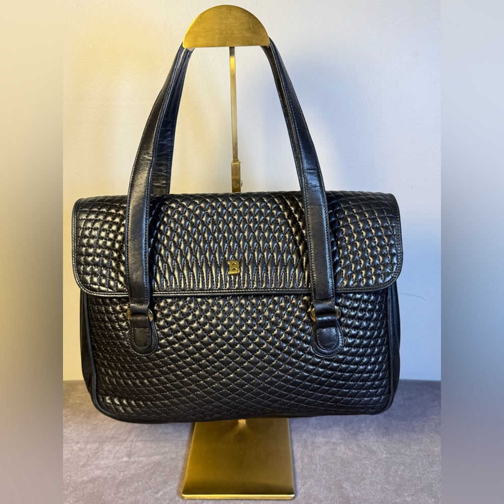 vintage Bally black diamond quilting pattern leather handbag. B" logo, - Picture 2 of 15